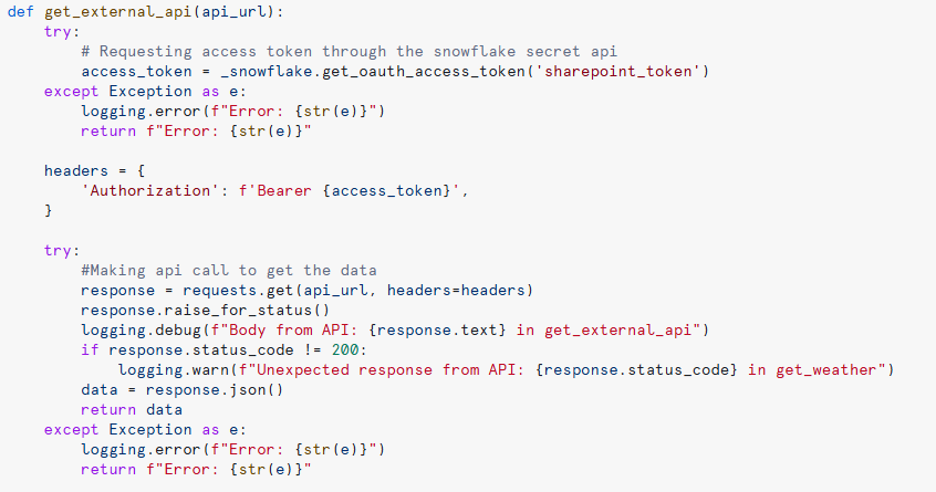 Figure 8: Snowflake UDF to make a simple API call
