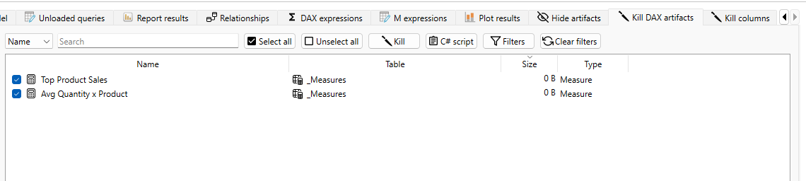 The Kill DAX Artifacts Tab from Measure Killer