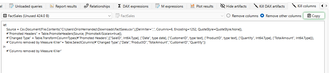 The Kill Columns Tab from Measure Killer