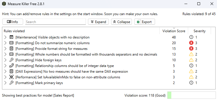 The Model Best Practices Tab from Measure Killer, using all included rules by default