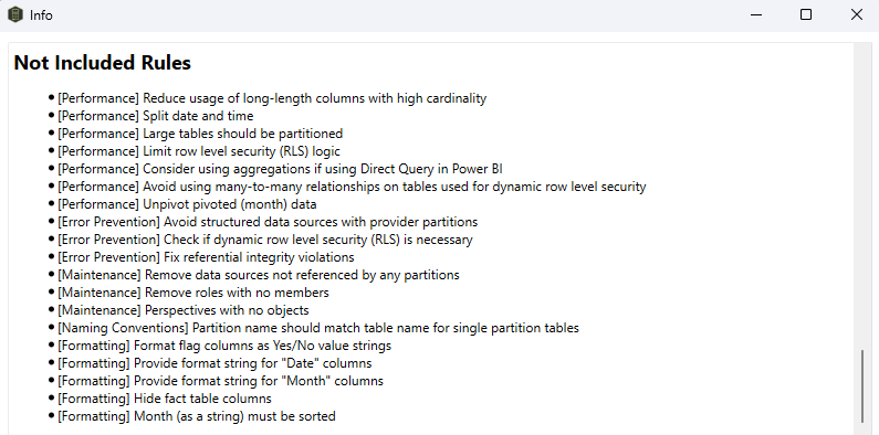 List of rules not included in the Model Best Practices by default
