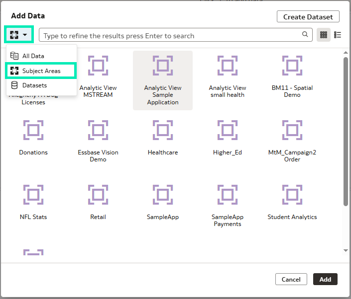 Data Flow options filtered for Subject Areas only