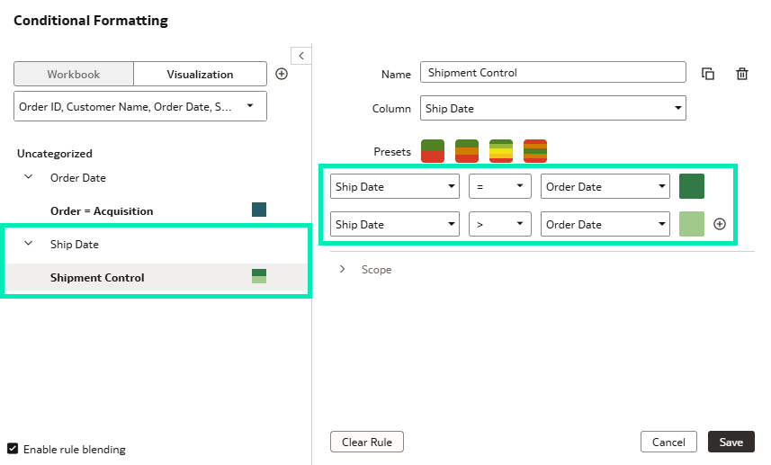 Conditional Formatting panel and rule setup