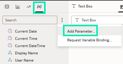 Adding a new parameter within the Data panel, Parameter tab