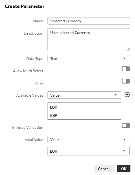 Example configuration for the Currency parameter