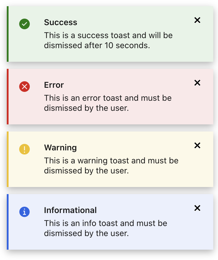 Example of Toast messages