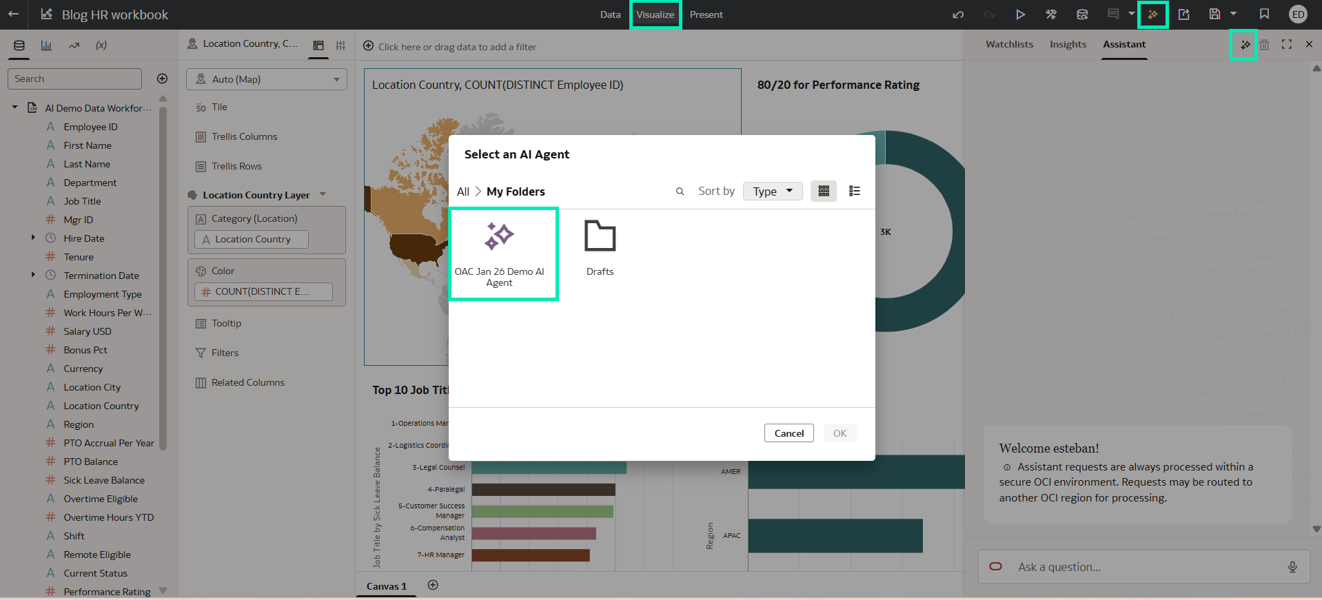 Selecting the HR agent for use within the Workbook Assistant