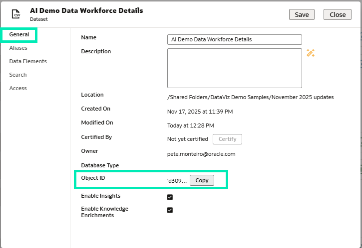 Dataset General tab with Object ID