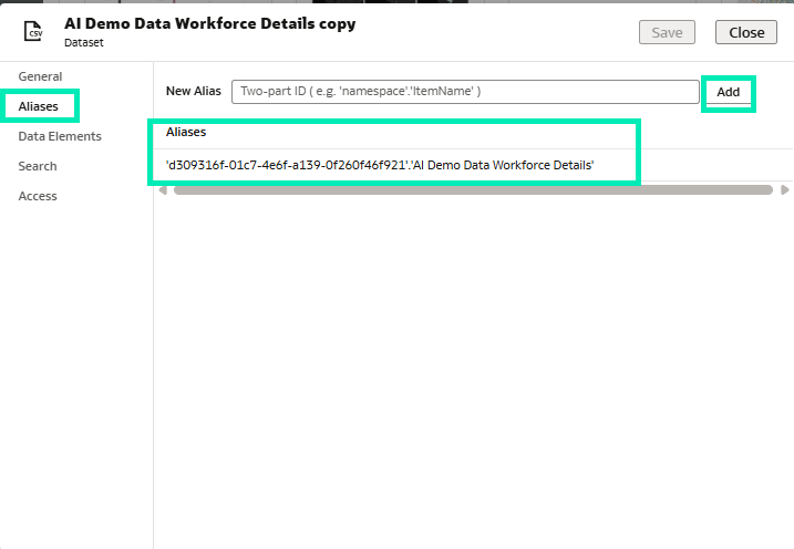 Adding an alias using the deleted dataset Object ID