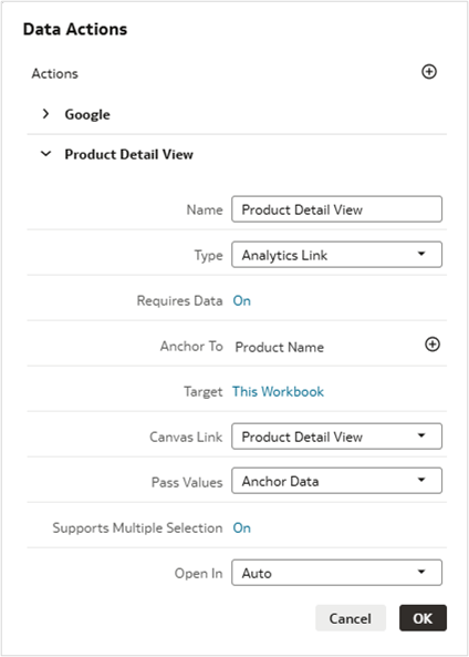 Product Detail View data action configuration
