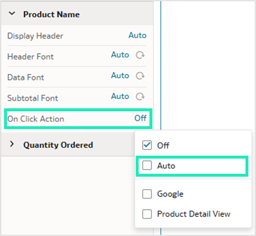 Dropdown menu for On Click Action with available options