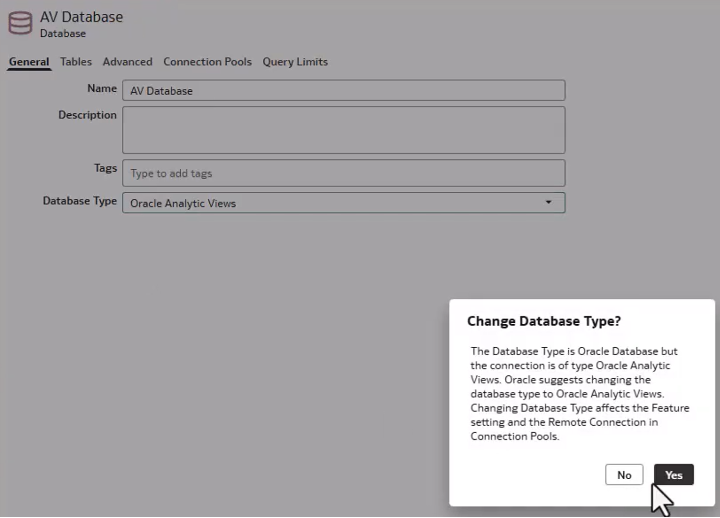 Change Database Type dialogue box prompting a switch to Oracle Analytic Views