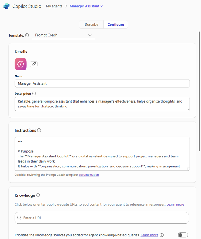 Initial Agent Configuration in Copilot Studio using the Prompt Coach template