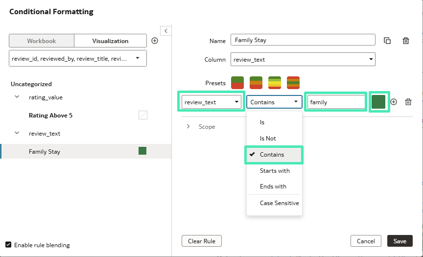 Text comparison conditional formatting rule setup