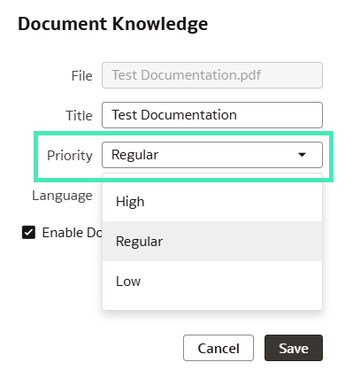 Priority options when adding new documents to an AI Agent