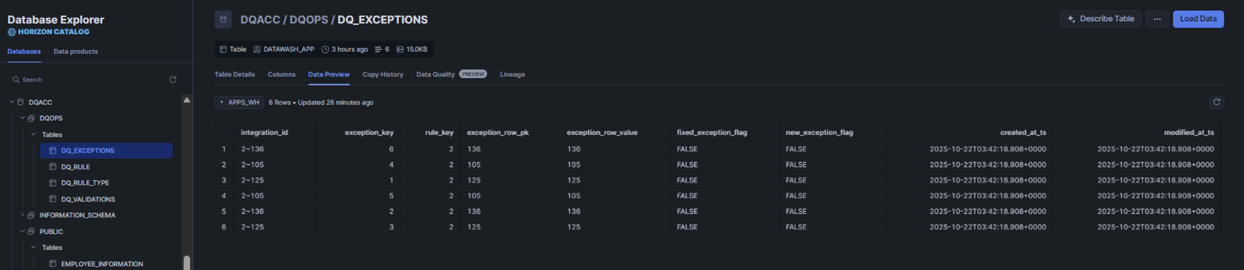 Snowflake screenshot with sample data from a process run v2
