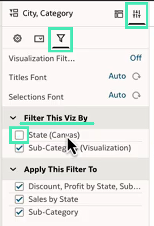 In the Filter tab, uncheck the State (Canvas) option under the Filter This Viz By section