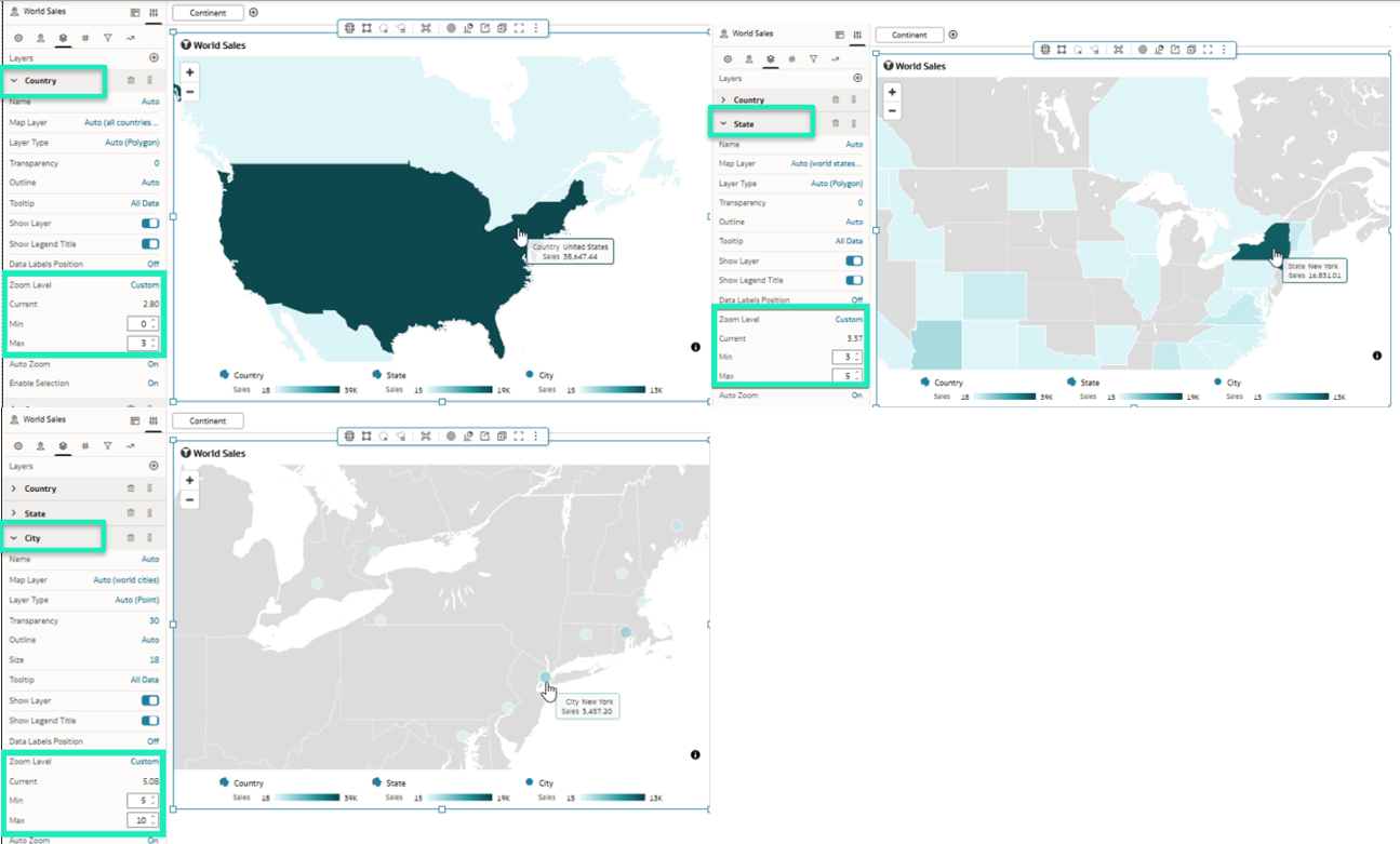 Figure 21: Zoom settings for the country, state, and city layers