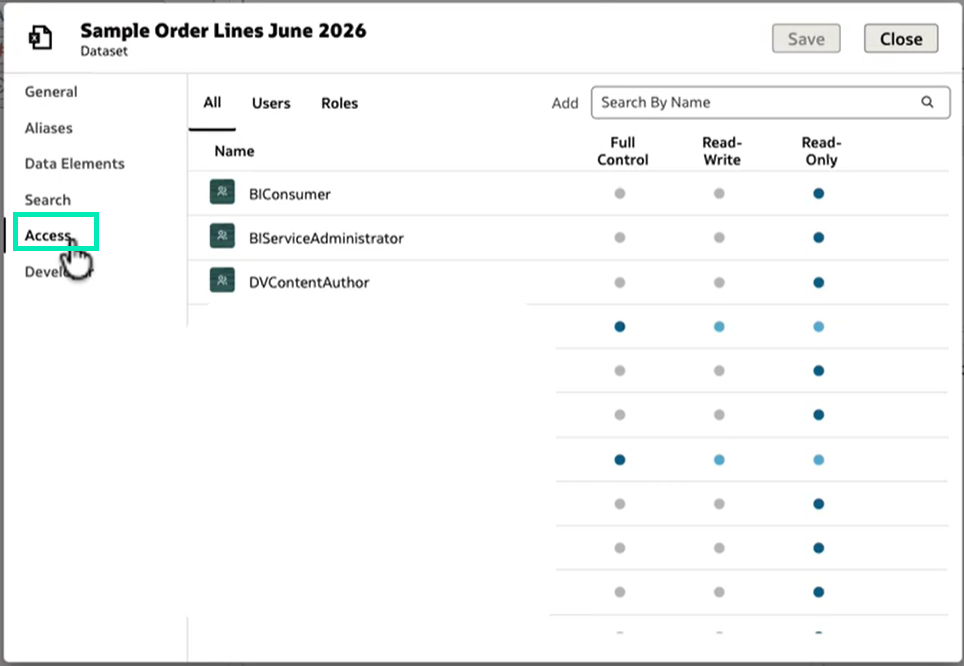 Access tab: roles and user permissions