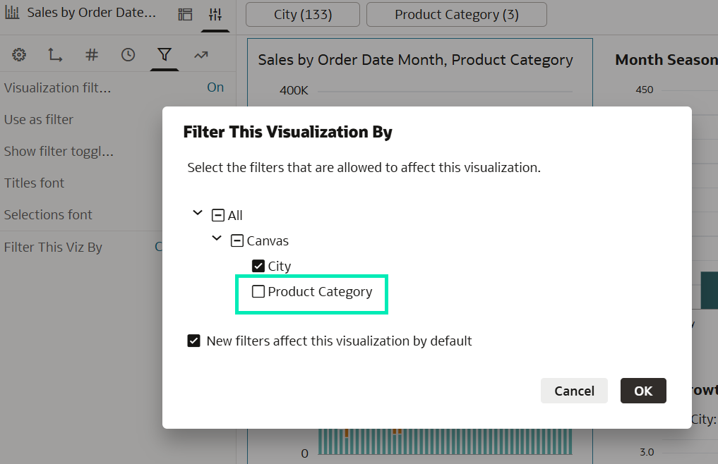 Pane to select which filters will affect the visualisation