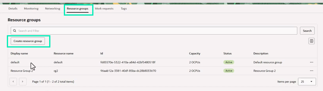 Resource Groups tab inside the Analytics Instances detail screen