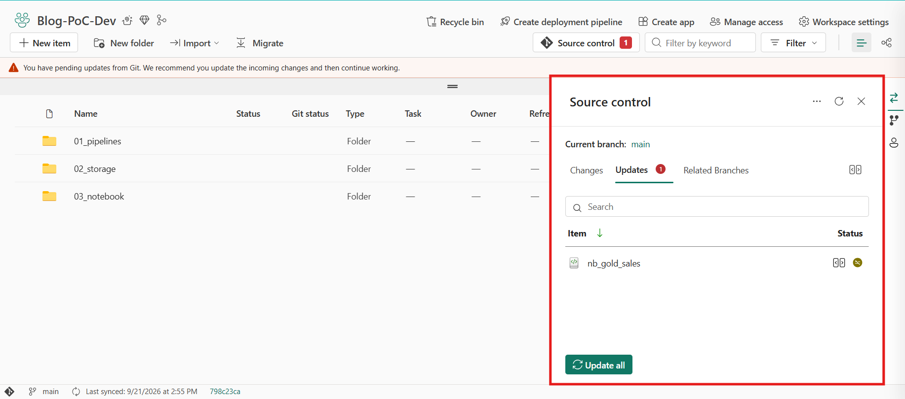 Source control detects that there are incoming updates from the main branch