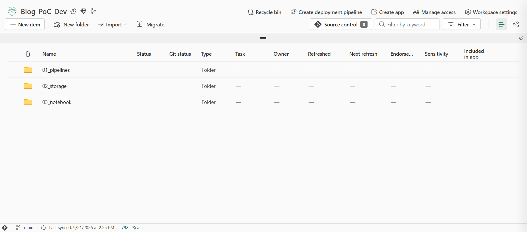Dev workspace a table with 3 rows, pipelines, storage and notebook