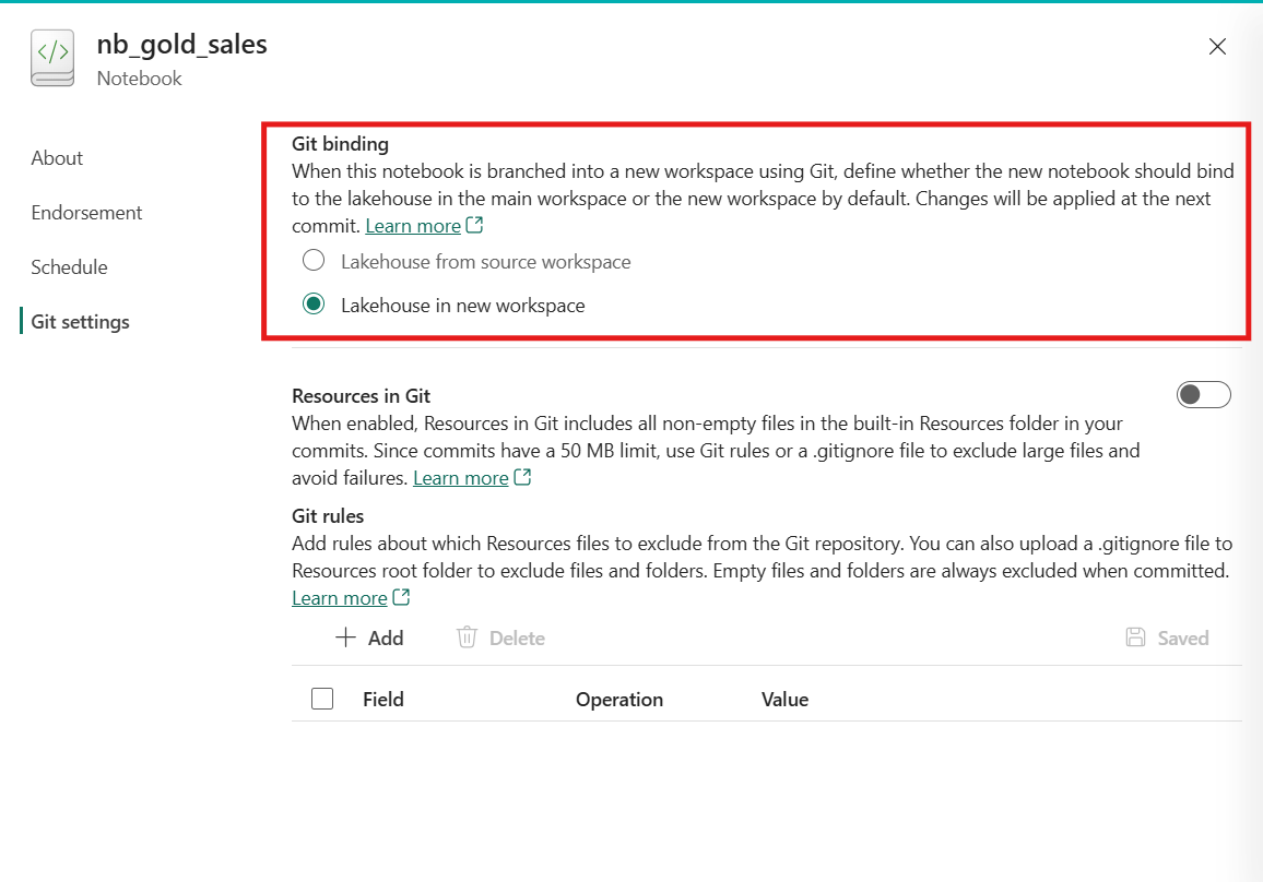 Git setting in the notebook settings