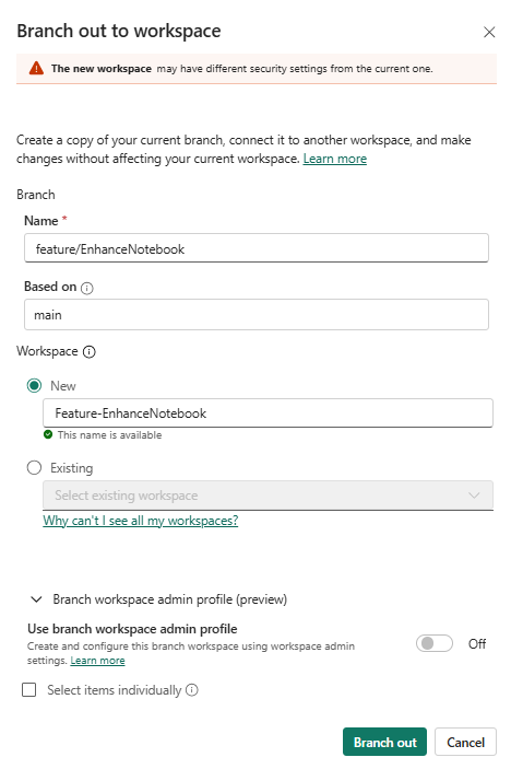 Branch out to workspace settings
