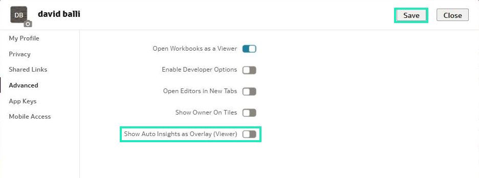 Figure 23: Overlay option disabled in the Advanced tab of the user profile