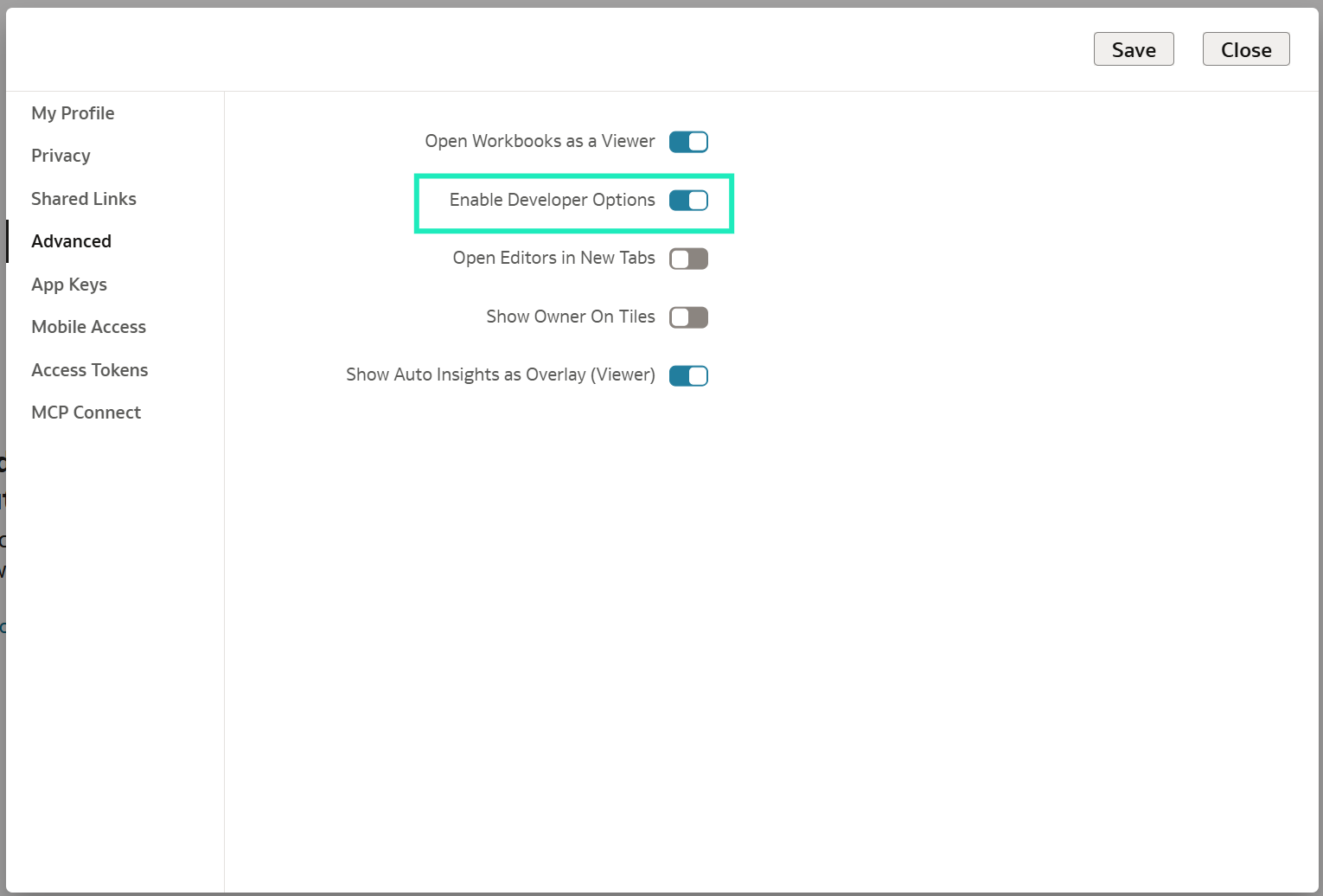 Figure 25: Enable Developer Options in the user profile