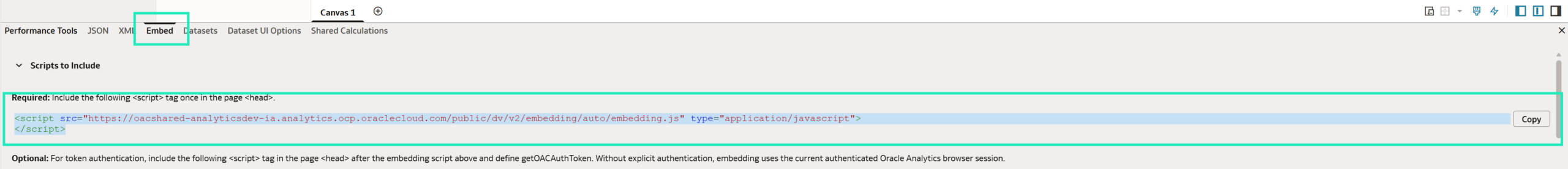 Figure 27: Required embedding script in the Embed tab