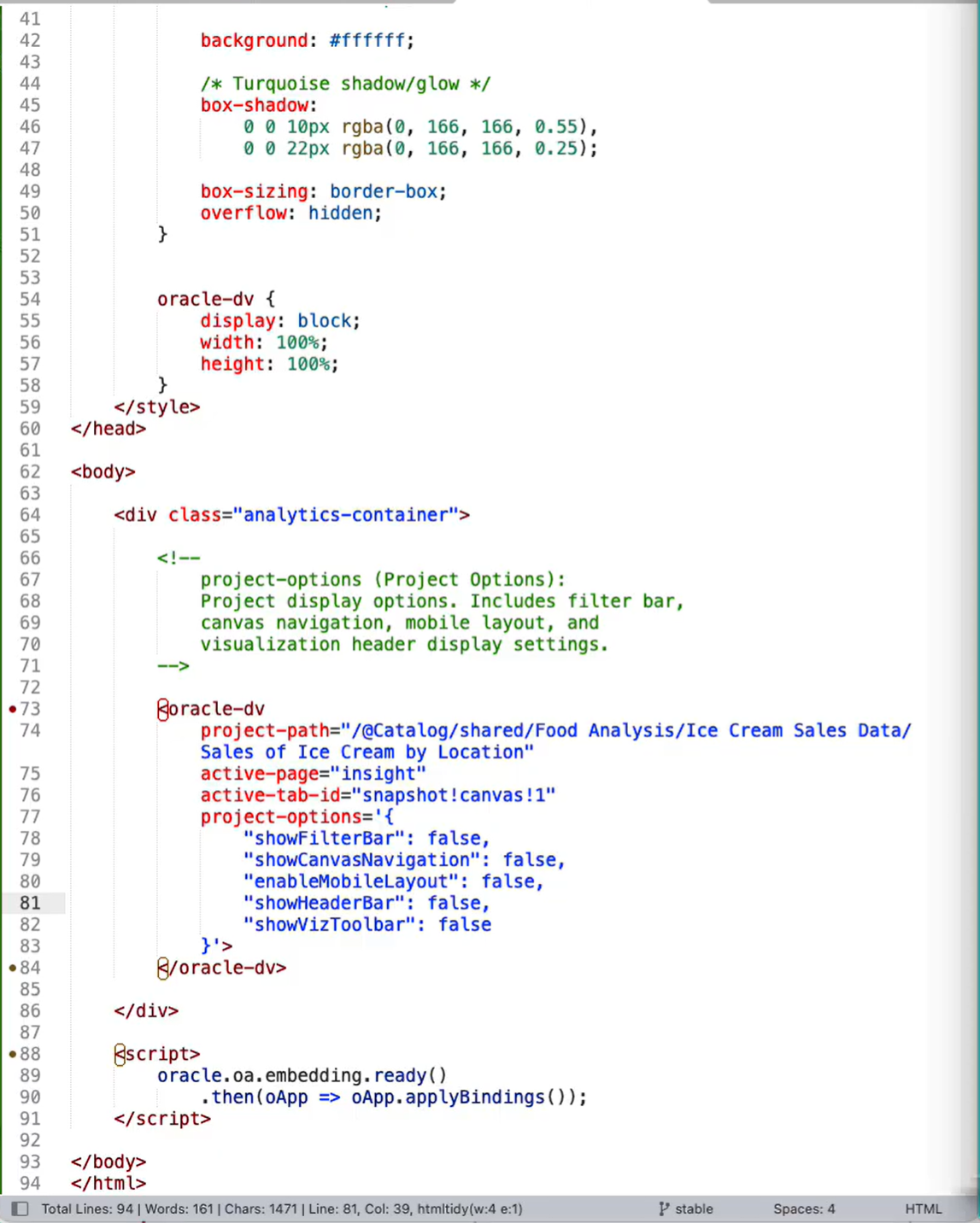 Figure 30: Sample HTML page with the oracle-dv tag and its project options