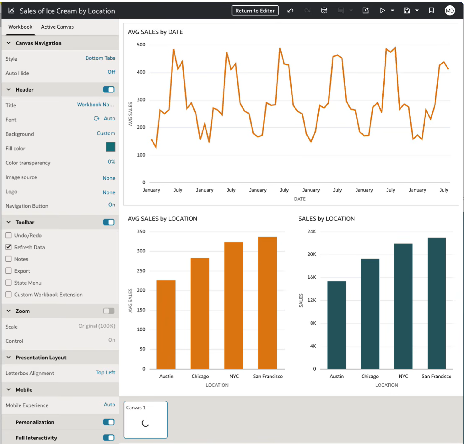 Figure 33: Header and toolbar settings in the Present workspace