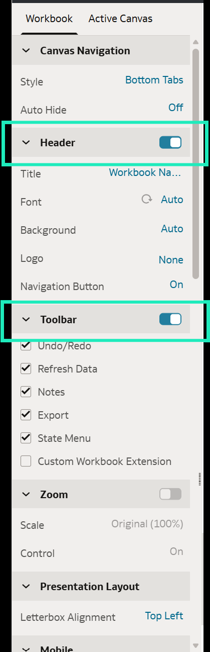 Figure 34: Header and toolbar enabled with additional toolbar options selected