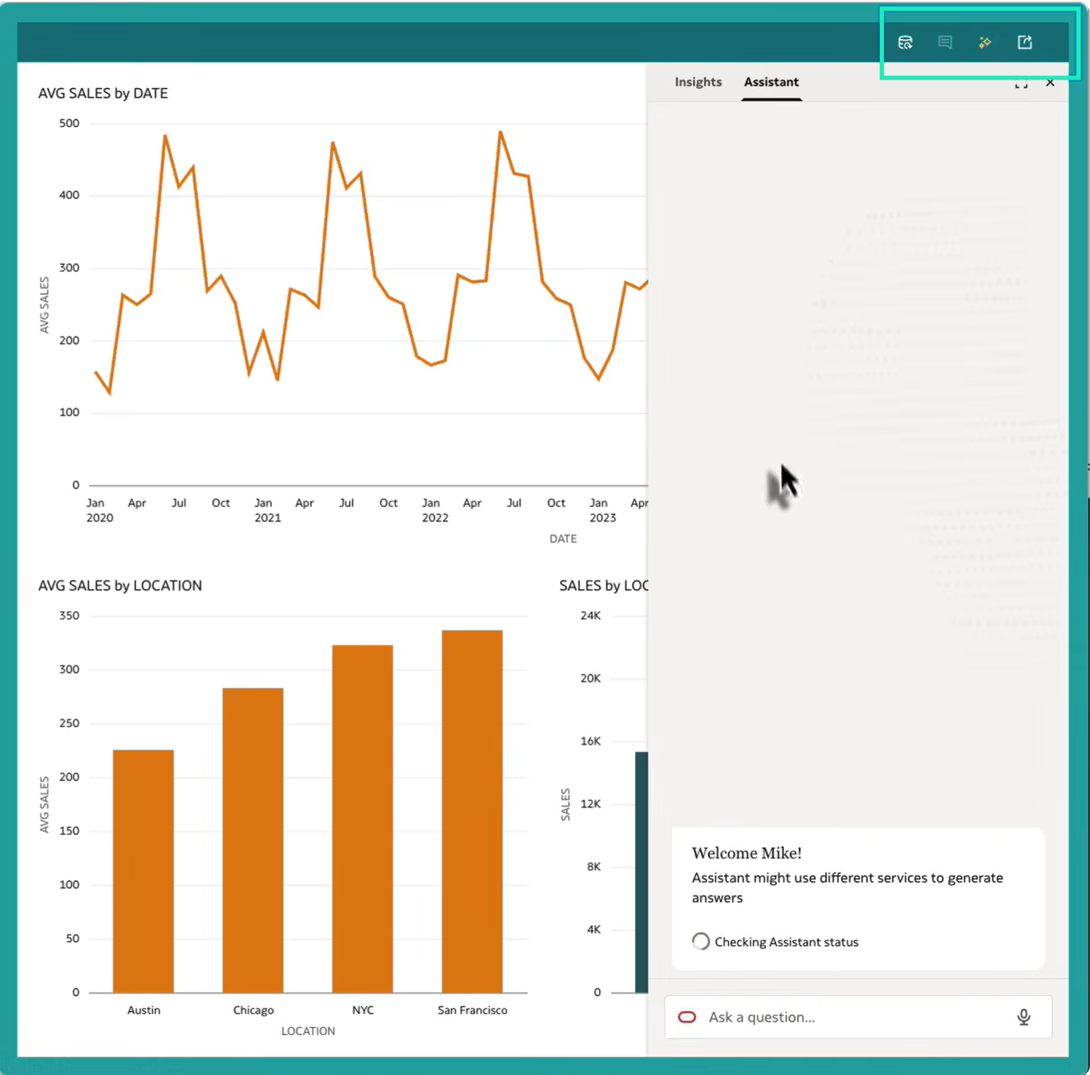 Figure 35: Embedded workbook header with the Refresh Data, Notes, Insights, and Export options