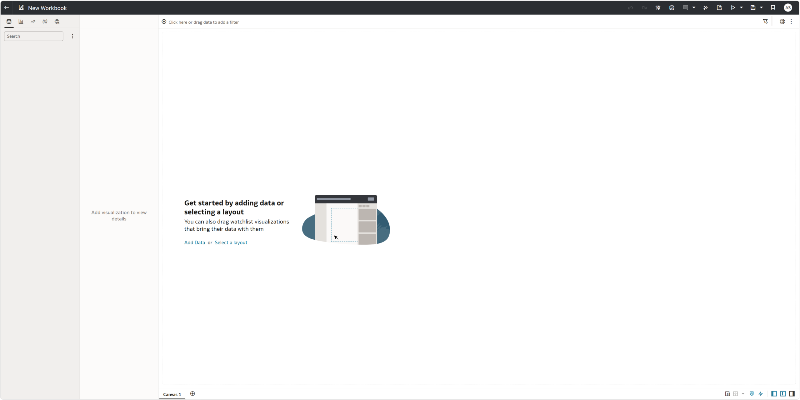 Figure 36: Workbook editor without the Data, Visualize, and Present sections