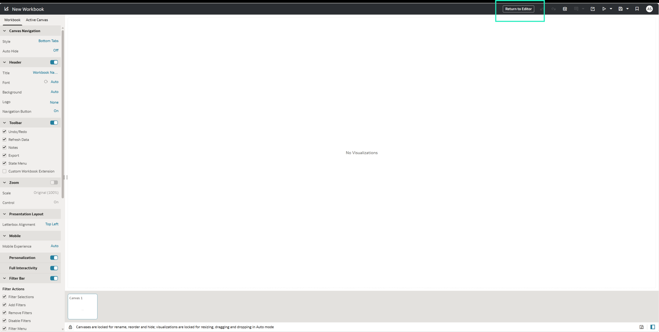 Figure 38: Present workspace with the Return to Editor option